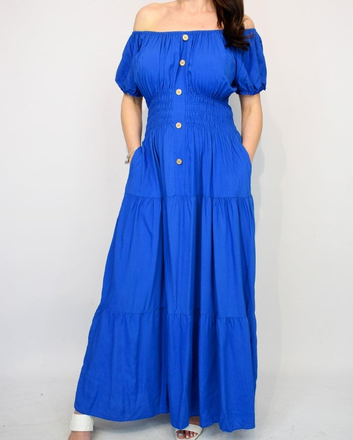 Button Front Pocket Bardot Maxi Dress