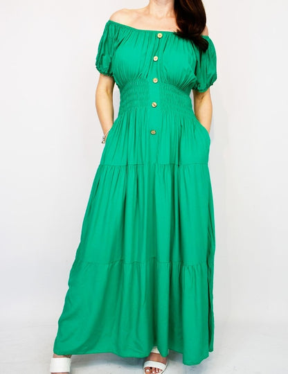 Button Front Pocket Bardot Maxi Dress