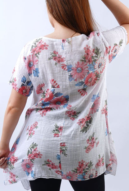 Sun Flower Print Side Split Cotton Top