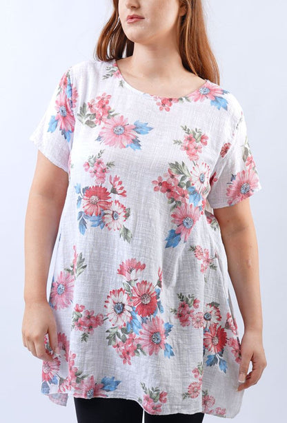 Sun Flower Print Side Split Cotton Top