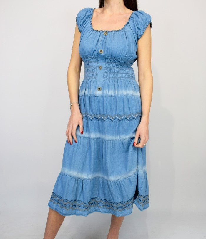 Midi Denim Tie Dye stripe  Dress - Light Denim