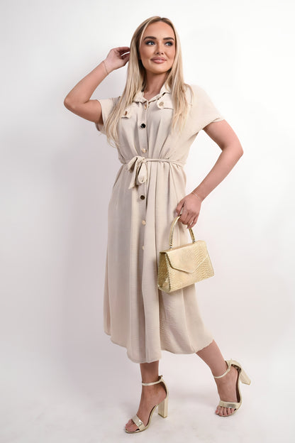 Collared Button Down Short Sleeve Tie Waist Midi Dress