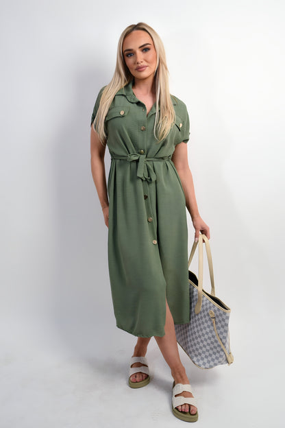 Collared Button Down Short Sleeve Tie Waist Midi Dress