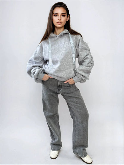 Ruched Sleeve Oversized Hoodie with Front Pouch Pocket