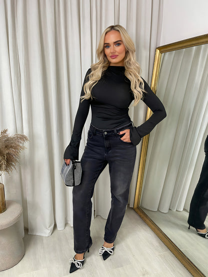 Ruched High Neck Flare Long Sleeve Top