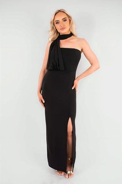 High Slit Draped Scarf Maxi Dress