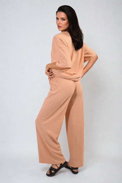 Ribbed Oversized Top and Drawstring Wide Leg Trouser Co-ord Set