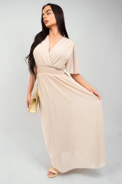 Smocked Waist V Neck Short Sleeve Flowy Maxi Dress