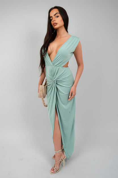 Ruched Backless V Slit Women Bodycon Maxi Dress