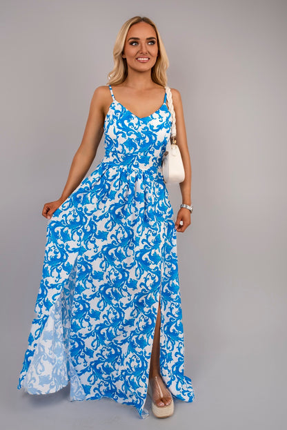 V Neck Spaghetti Strap Maxi Dress with All Over Print