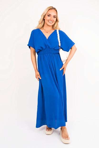 V Neck Short Sleeve Maxi Dress with Shirred Waist