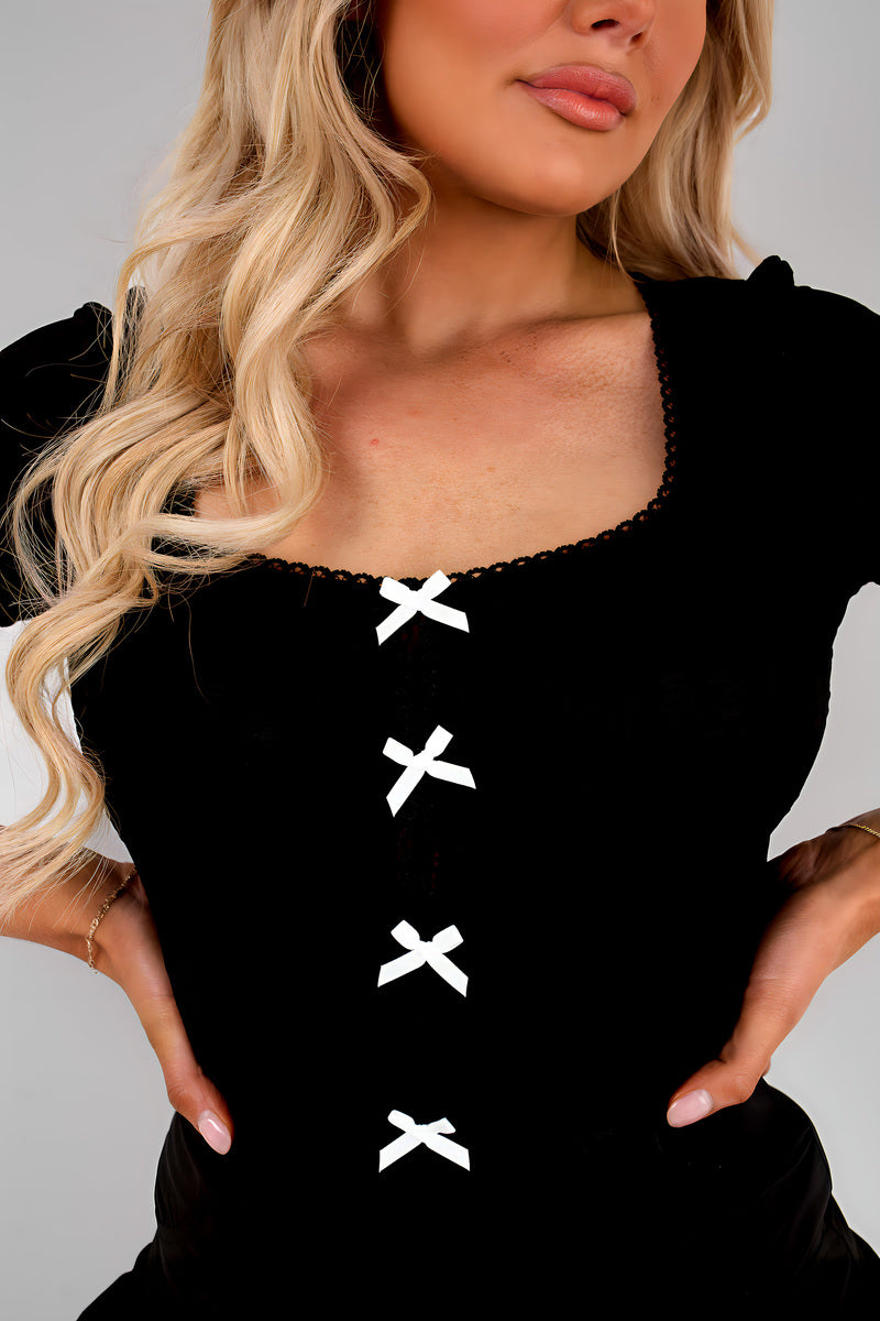 Short Sleeve Square Neck Bodysuit with Front Bow Detail