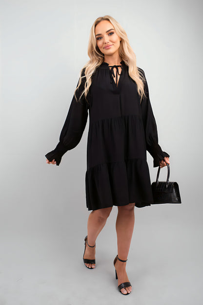 Long Sleeve Front Tie Tiered Mini Dress
