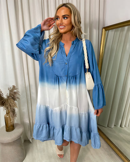 Wide Bell Sleeves Tie Dye Tiered Mini Dress