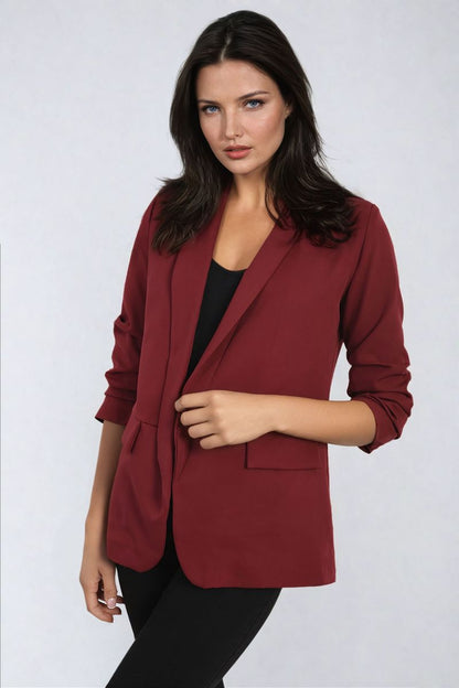 Ruched Sleeve Open Front Blazer Jacket with Front Pockets