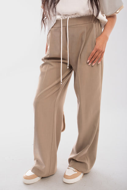 Double Waist Band Drawstring Wide Leg Trousers