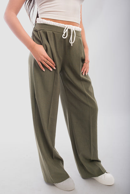 Double Waist Band Drawstring Wide Leg Trousers