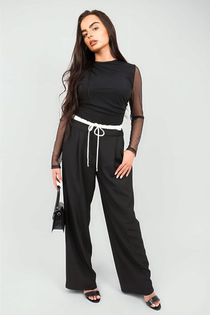 Double Waist Band Drawstring Wide Leg Trousers