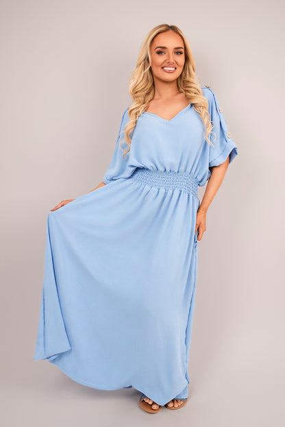 V Neck Short Sleeve Maxi Dress with Button Detail
