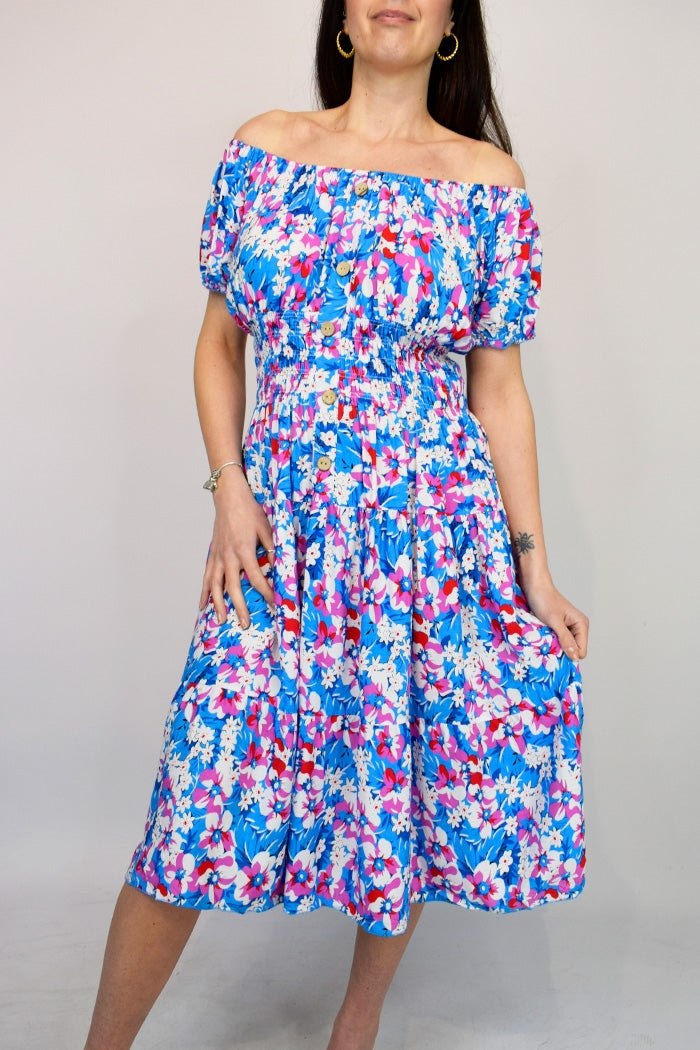 Flower Button Front Bardot Midi