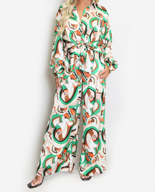 Swirl Print Shirt And Wide Leg Trouser Set